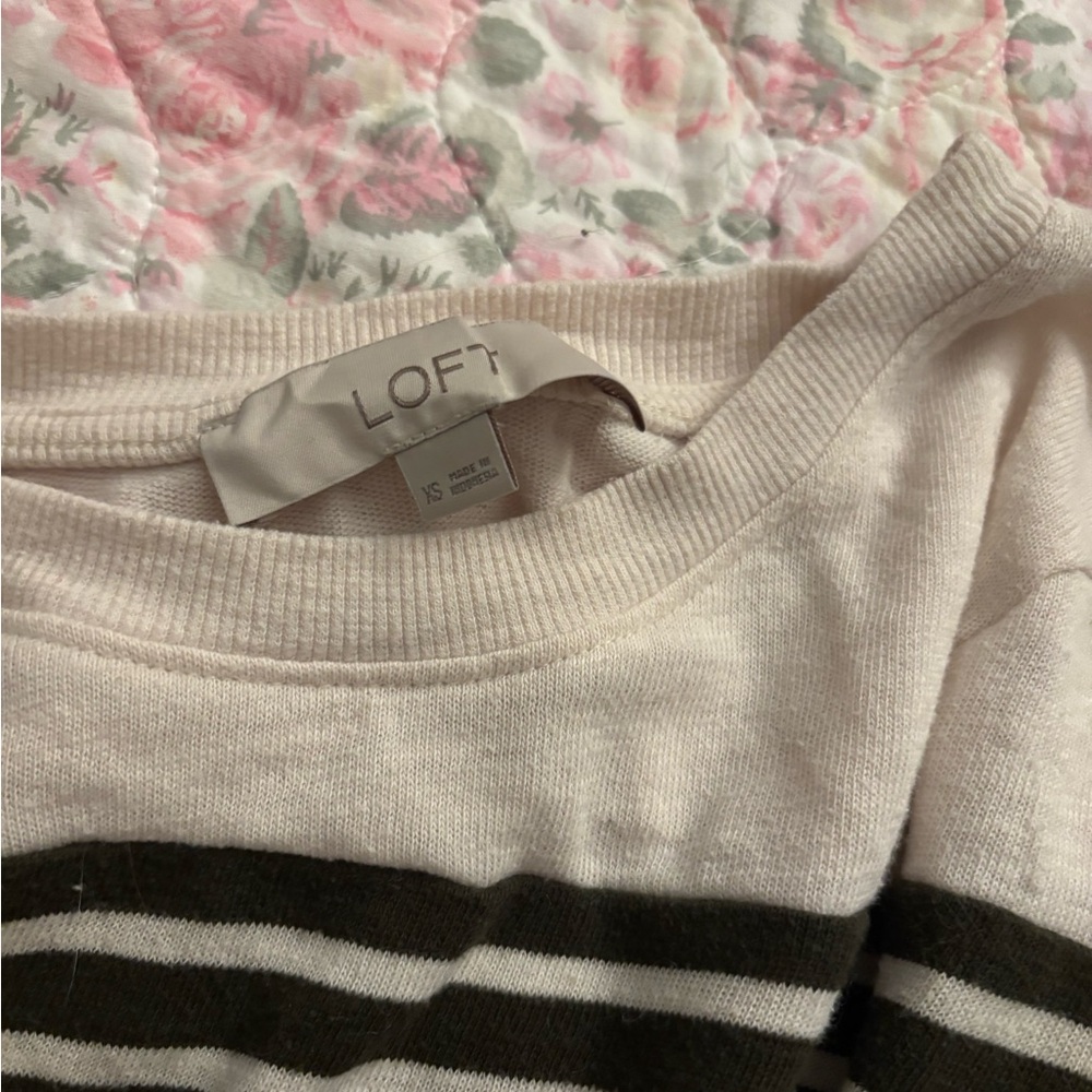LOFT Cream and Brown Crew Neck Sweater with Stripes